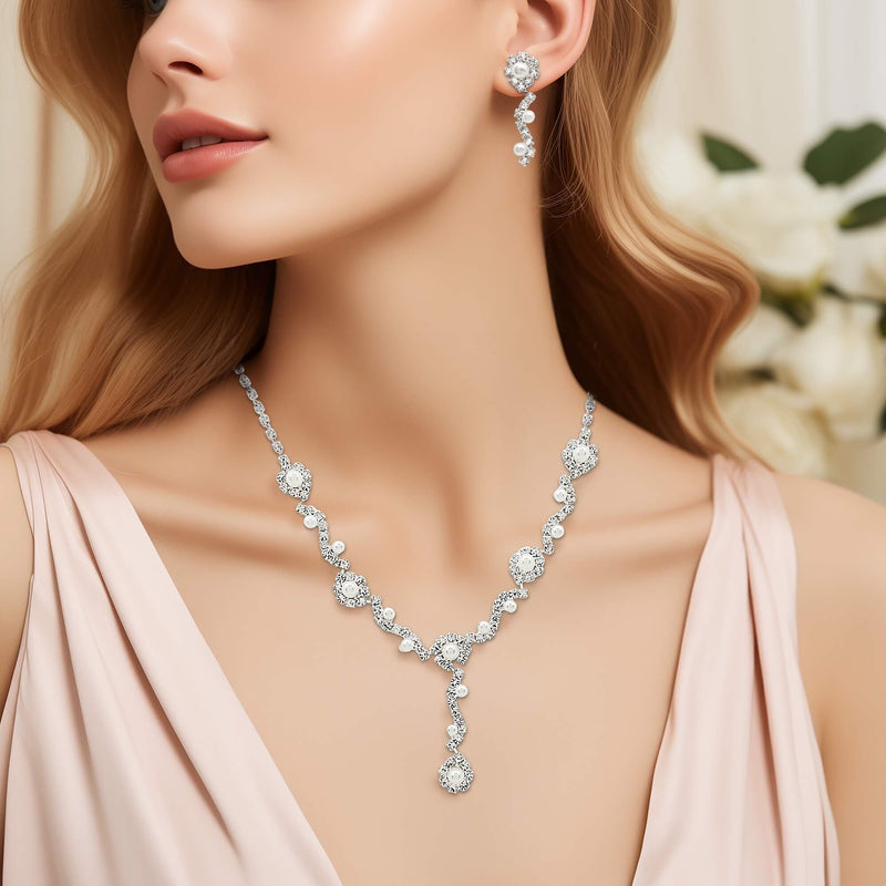 Pearls Crystal Silver Bridal Party Jewellery Set