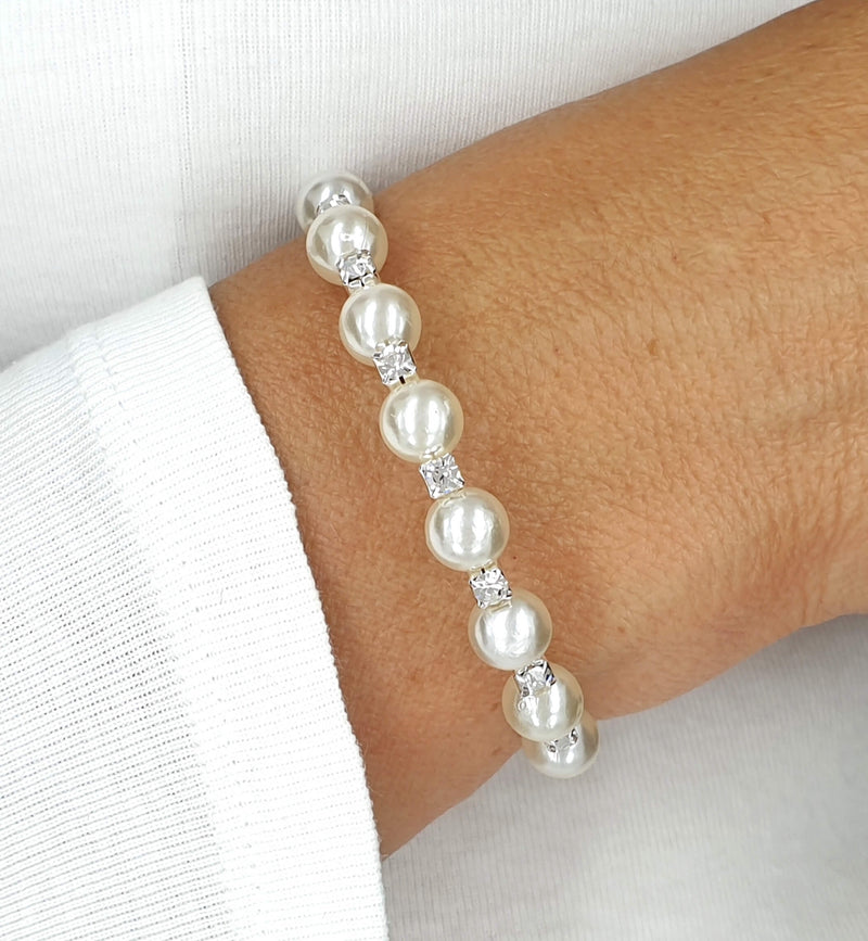 Silver Crystal Diamante Pearl Flexible Tennis Bracelet