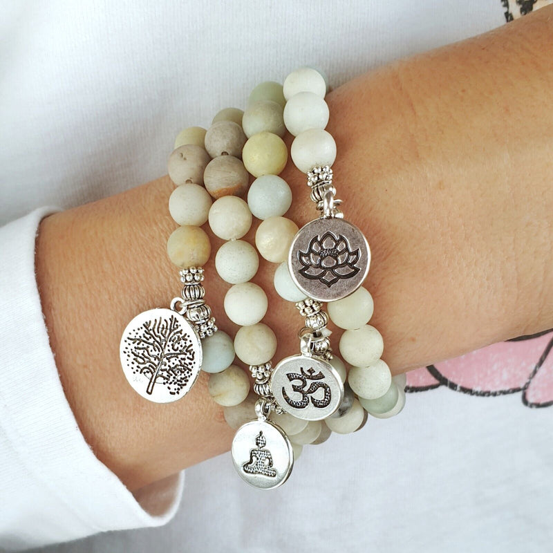 Harmony Amazonite Gemstone Bracelet with Ohm, Buddha, Lotus or Tree Charm