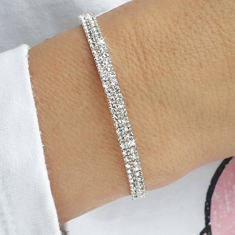 Delicate 2 Rows Silver Crystal Flexible Tennis Bracelet