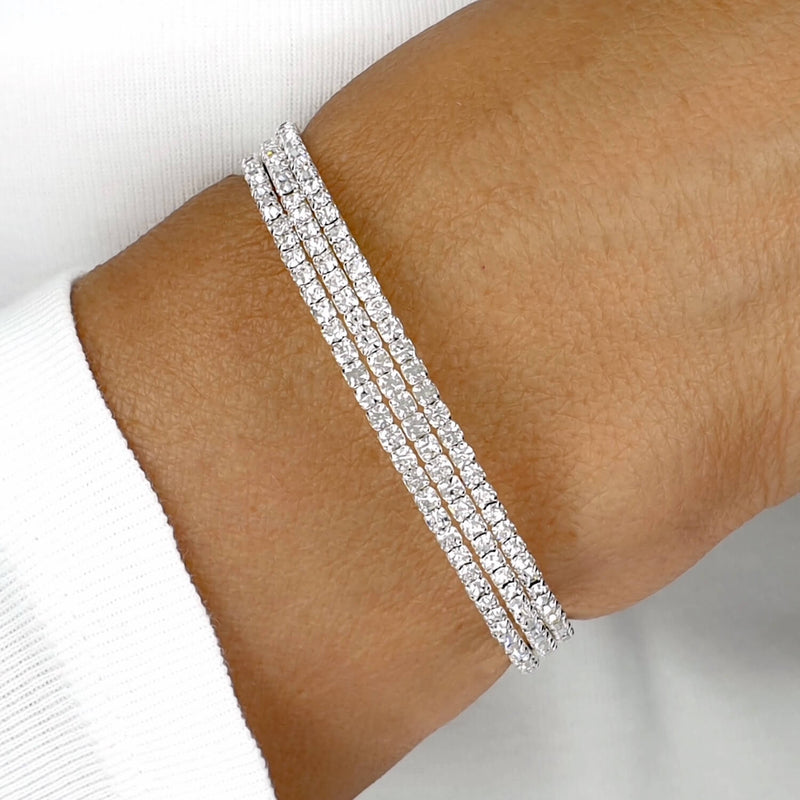 Stunning 3 Rows Silver Crystal Flexible Tennis Bracelet