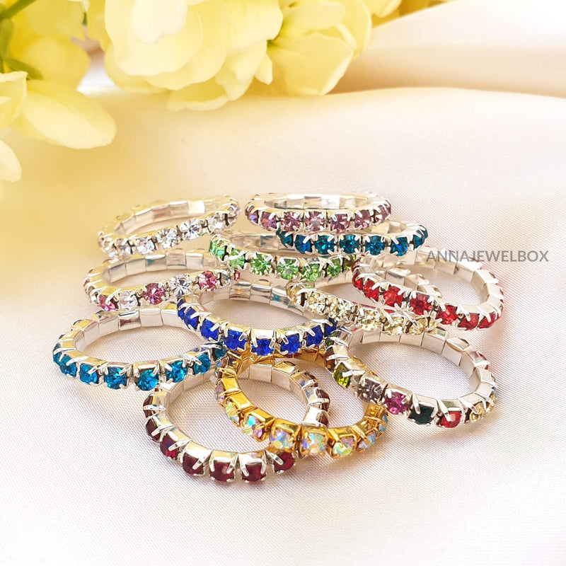 Colour Sparkling Diamante Crystal Elastic Stretch Rings 1 Row - AnnaJewelBox