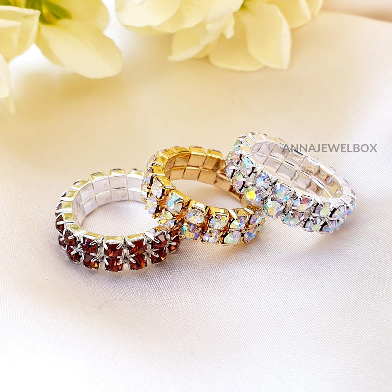 Colour Sparkling Diamante Crystal Elastic Stretch Rings 2 Rows - AnnaJewelBox