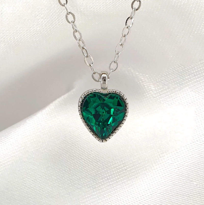 925 Sterling Silver Love Heart Diamante Birthstone Necklace