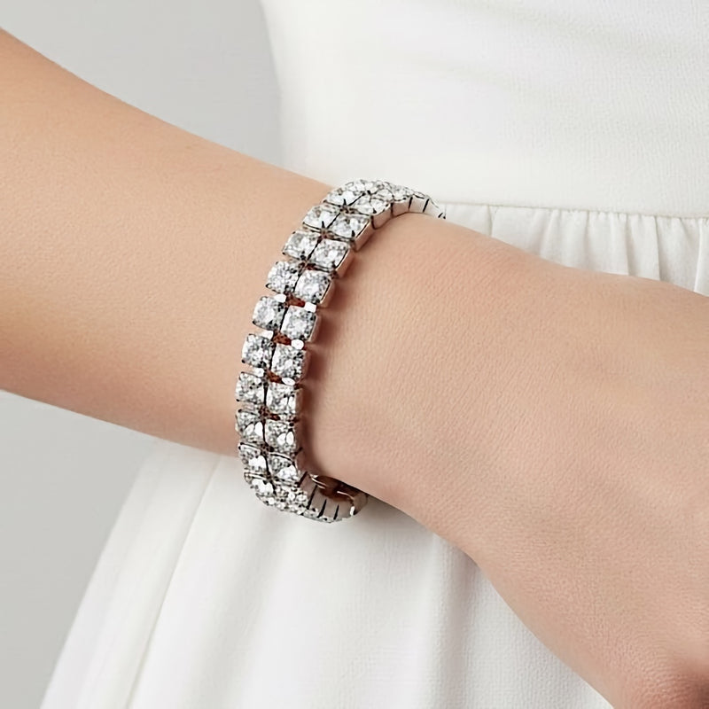 Statement 2 Rows Silver Crystal Flexible Tennis Bracelet
