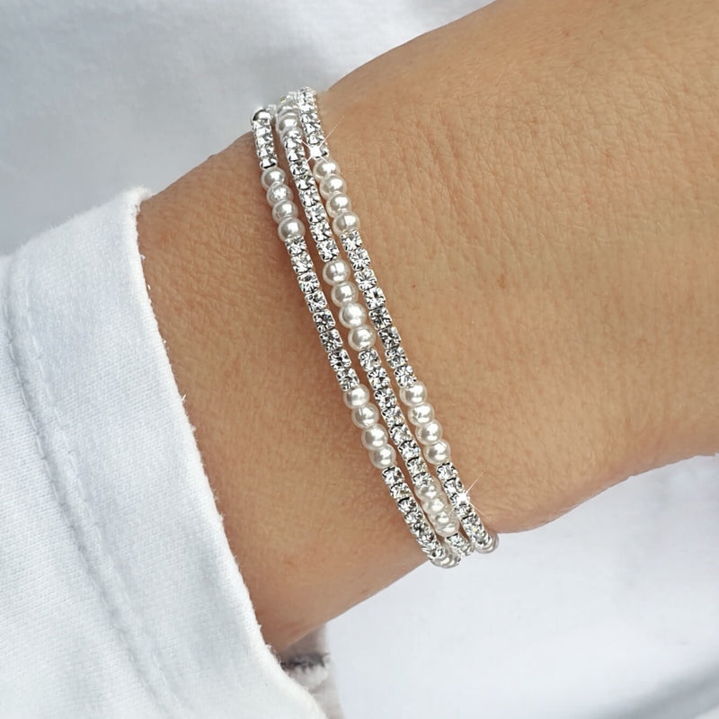 Elegant 3 Rows Pearls and Silver Crystal Flexible Tennis Bracelet