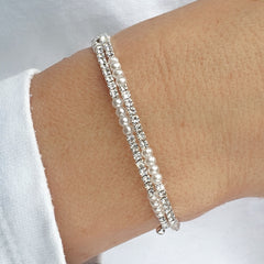 Elegant 3 Rows Pearls and Silver Crystal Flexible Tennis Bracelet