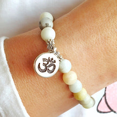 Harmony Amazonite Gemstone Bracelet with Ohm, Buddha, Lotus or Tree Charm