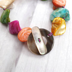 Chunky Rainbow Mother of Pearl Necklace, Bracelet & Earrings | Fun Y2K Beaded Jewellery | Statement Natural Beads for Mom | Anniversary Gift