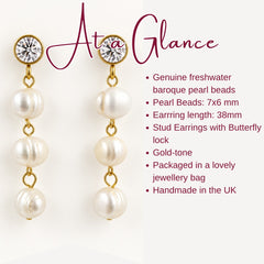 Freshwater Baroque Pearl Drop Earrings Gold Bridal Wedding Jewellery Gift