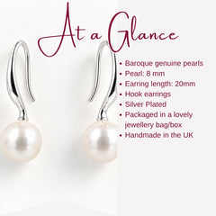 Elegant Silver Baroque Freshwater Pearl Drop Hook Earrings