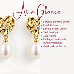 Heart Gold Baroque Freshwater Pearl Drop Stud Earrings