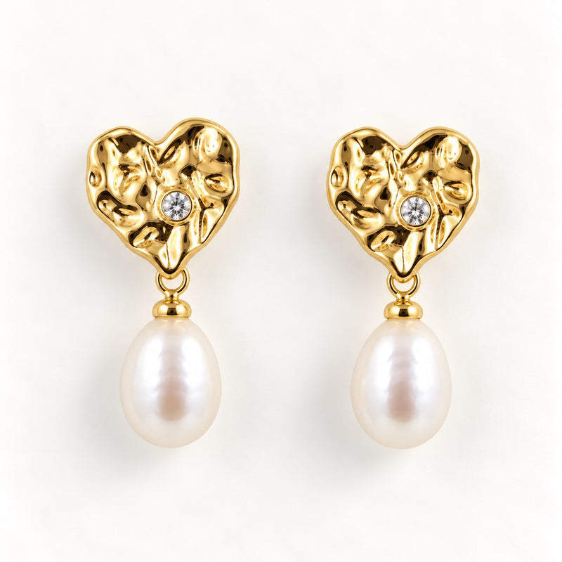Heart Gold Baroque Freshwater Pearl Drop Stud Earrings