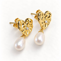 Heart Gold Baroque Freshwater Pearl Drop Stud Earrings