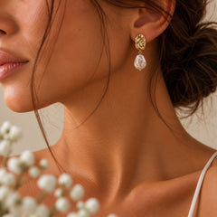Statement Gold Baroque Freshwater Pearl Drop Stud Earrings