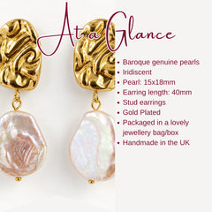 Statement Gold Baroque Freshwater Pearl Drop Stud Earrings