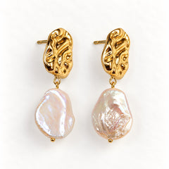 Statement Gold Baroque Freshwater Pearl Drop Stud Earrings