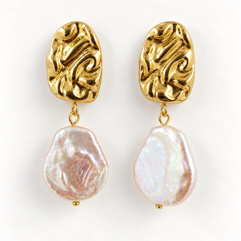 Statement Gold Baroque Freshwater Pearl Drop Stud Earrings