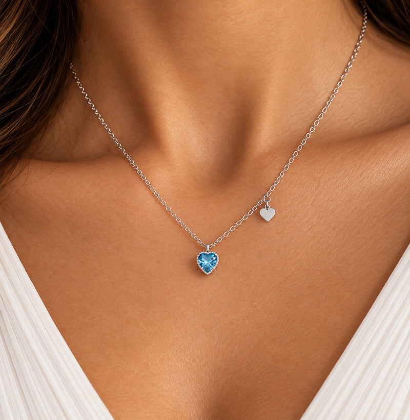 925 Sterling Silver Love Heart Diamante Birthstone Necklace