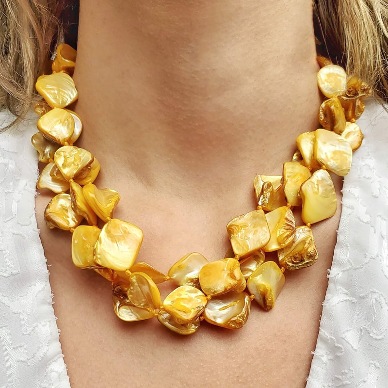 Yellow Gold Mother Of Pearl Beaded Chunky Necklace