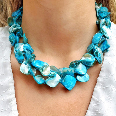 Turquoise Mother Of Pearl Beaded Chunky Necklace