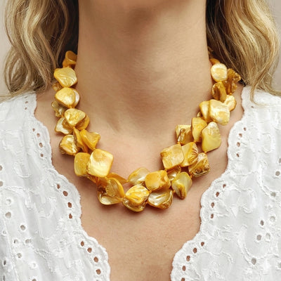 Yellow Gold Mother Of Pearl Beaded Chunky Necklace