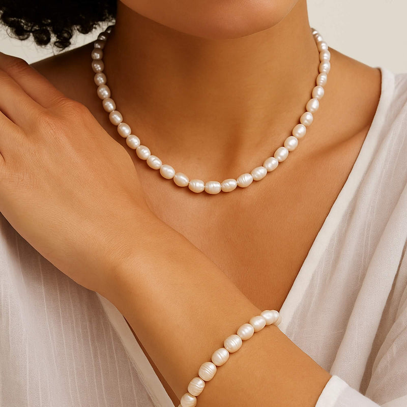 Elegant Baroque Pearl Jewellery Set – Necklace, Bracelet & Earrings