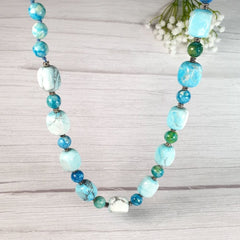 Handmade Blue Agate Sodalite Boho Statement Necklace Gift for Mom for Girlfriend Throat Chakra Jewelry Saggitarius September Birthstone UK