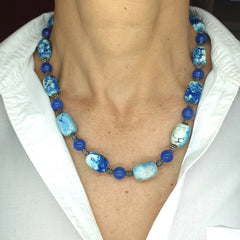 Handmade Blue Agate Sodalite Boho Statement Necklace Gift for Mom for Girlfriend Throat Chakra Jewelry Saggitarius September Birthstone UK