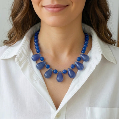 Blue Jade Beaded Necklace, Gemstone Jewellery, Healing Crystal Gift for Her