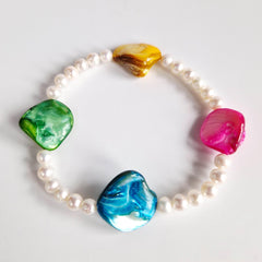Freshwater Baroque Pearl Bracelet, Colourful Mother of Pearl Beads, Stretch, Gift for Her
