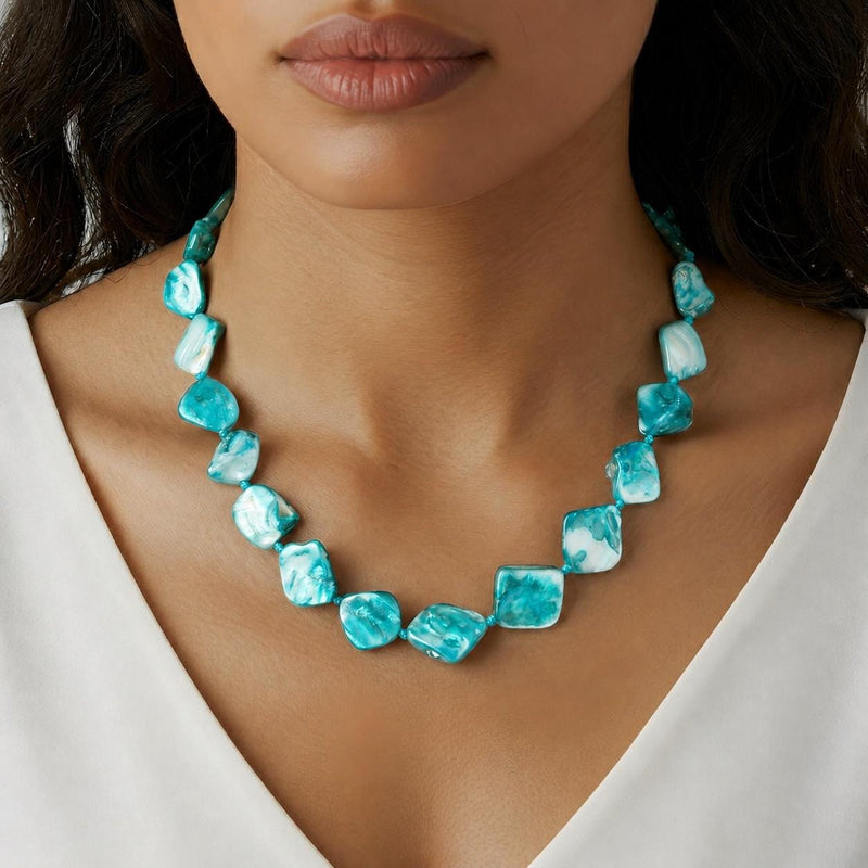 Chunky Turquoise Mother of Pearl Necklace, Unusual Beaded Statement Necklace, Hypoallergenic Jewellery Etsy UK Shop