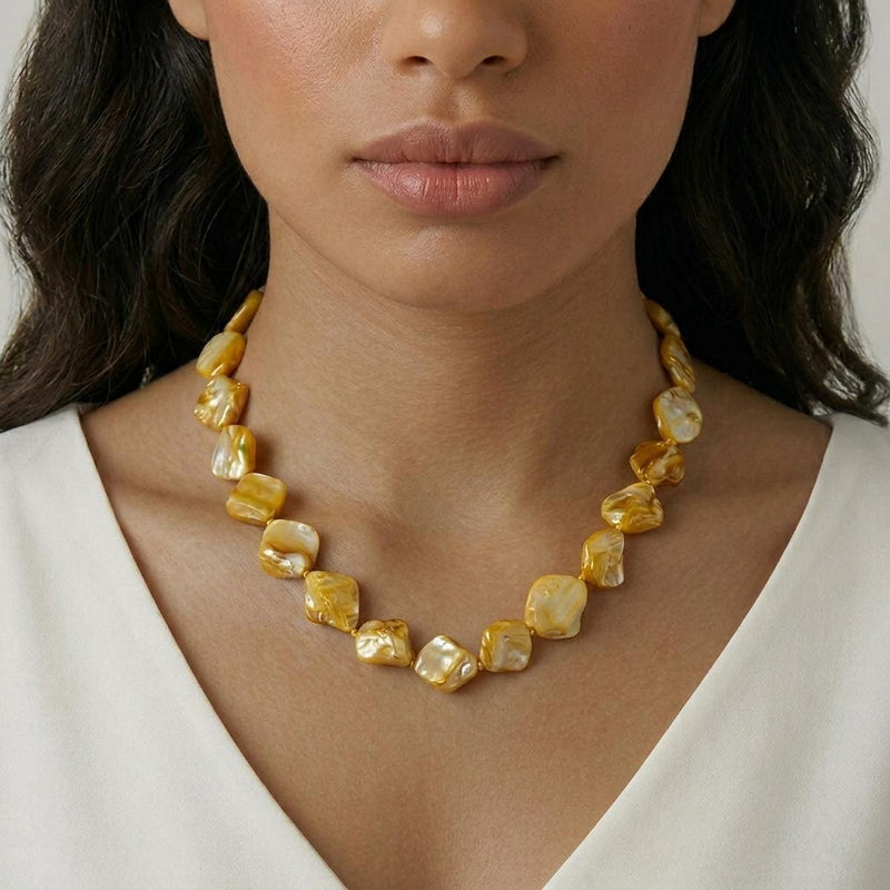 Chunky Sunshine Yellow Gold Mother of Pearl Necklace, Unusual Beaded Statement Necklace, Hypoallergenic Jewellery Etsy UK Shop