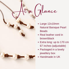 Extra Long Pearls and Leather Lariat Necklace, Baroque Pearl Necklace, Adjustable Boho Leather Jewelry