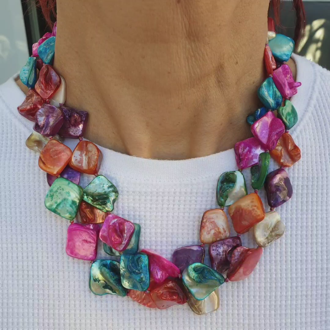 Rainbow Mother Of Pearl Beaded Chunky Necklace