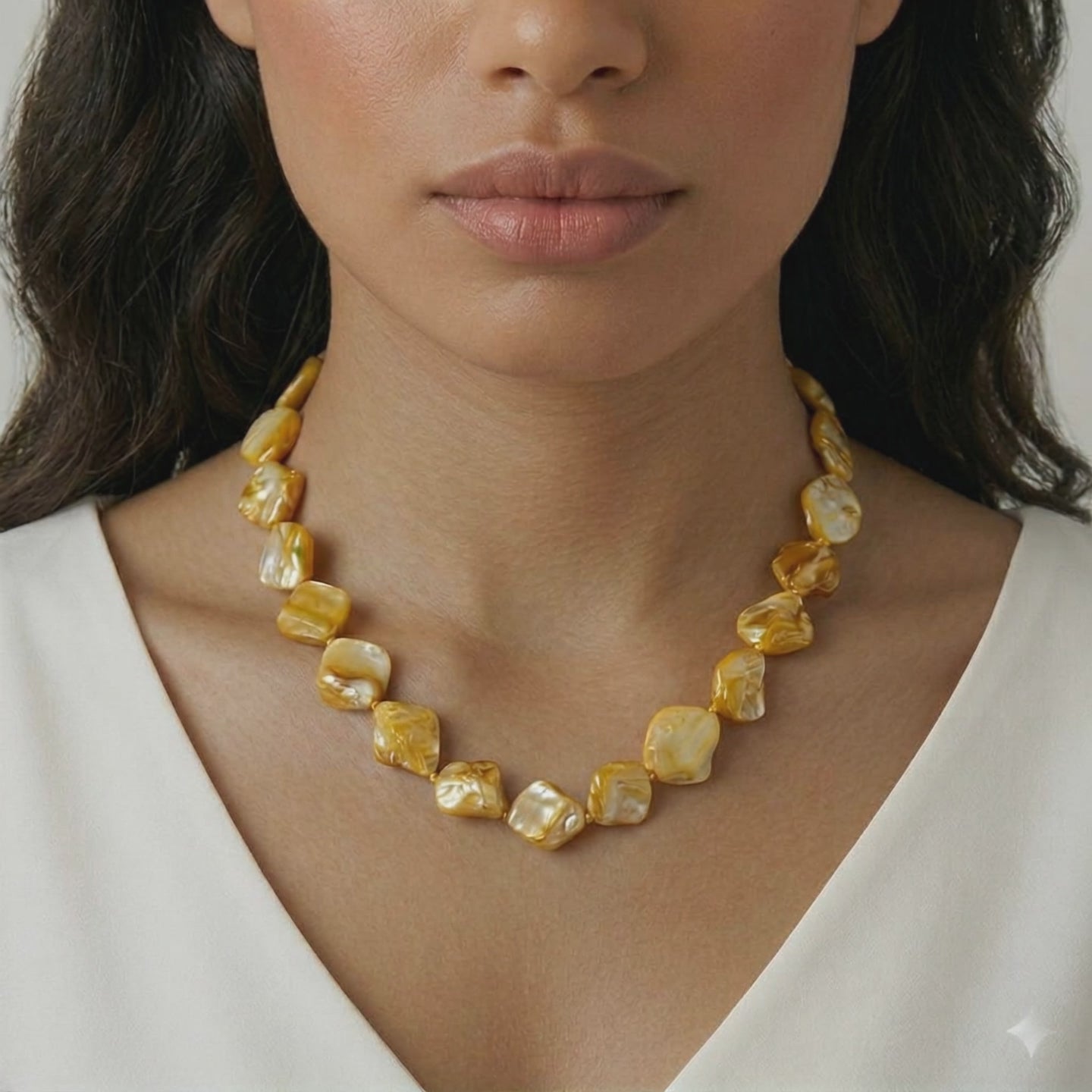 Chunky Sunshine Yellow Gold Mother of Pearl Necklace, Unusual Beaded Statement Necklace, Hypoallergenic Jewellery Etsy UK Shop