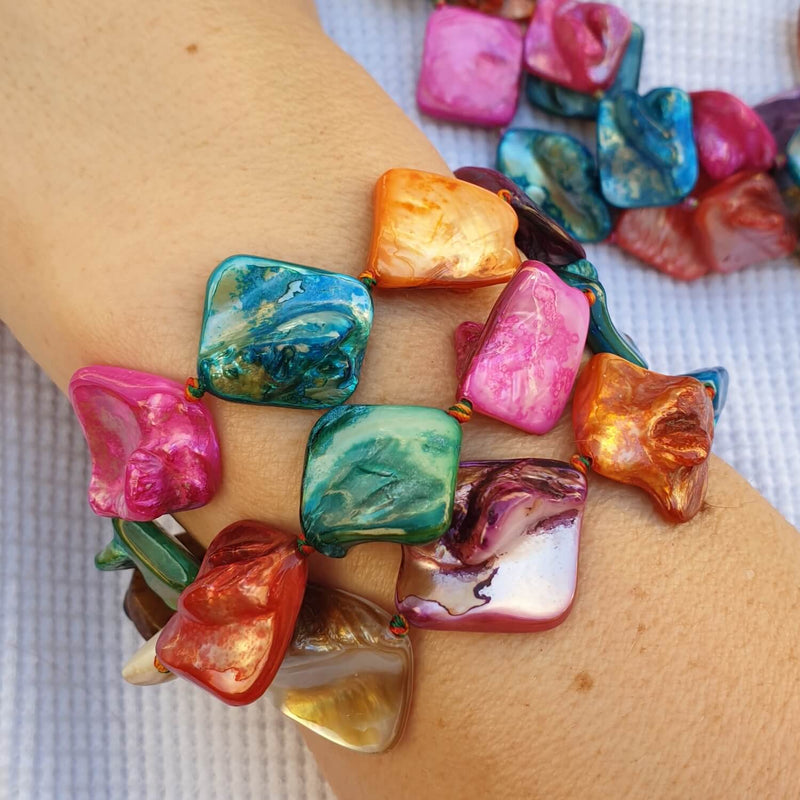 Chunky Rainbow Mother of Pearl Necklace, Bracelet & Earrings | Fun Y2K Beaded Jewellery | Statement Natural Beads for Mom | Anniversary Gift