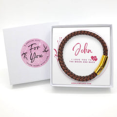 Brown Braided Leather Bracelet Gift For Him Personalised Card