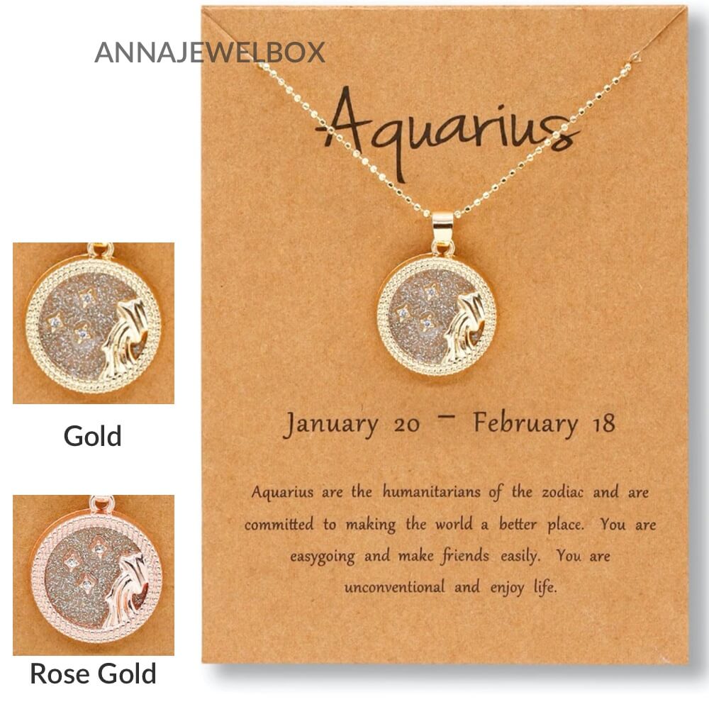 Crystal Horoscope Star Sign Zodiac Necklace Gold Aquarius Gold