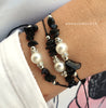 Black Agate Pearl and Diamante Tennis Bracelet Set - AnnaJewelBox