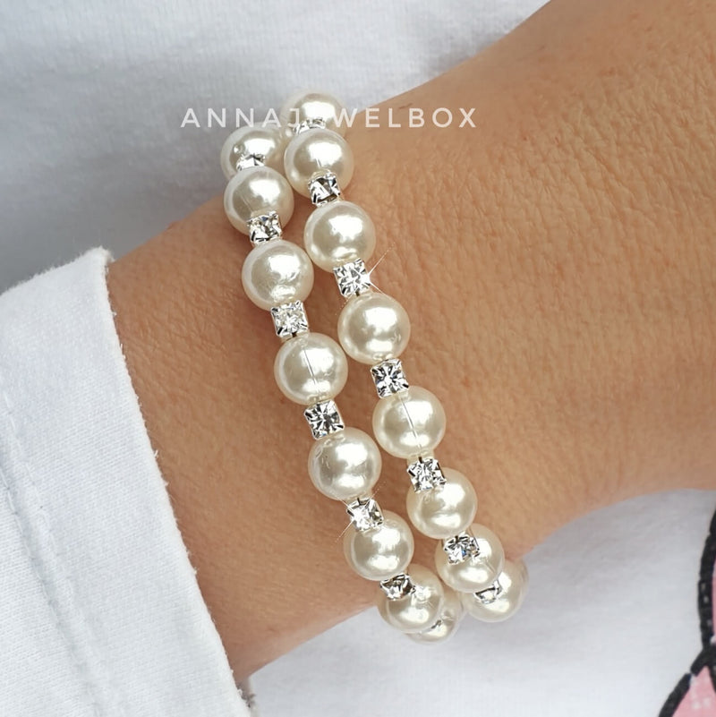 Sparkly Silver Crystal Pearl Flexible Tennis Bracelet - AnnaJewelBox