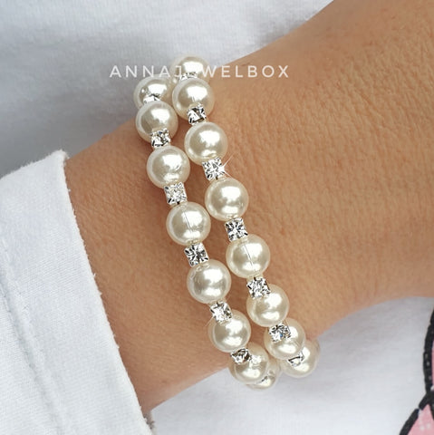 Image of Sparkly Silver Crystal Pearl Flexible Tennis Bracelet - AnnaJewelBox
