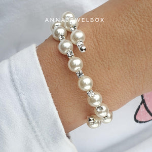 Sparkly Silver Crystal Pearl Flexible Tennis Bracelet - AnnaJewelBox