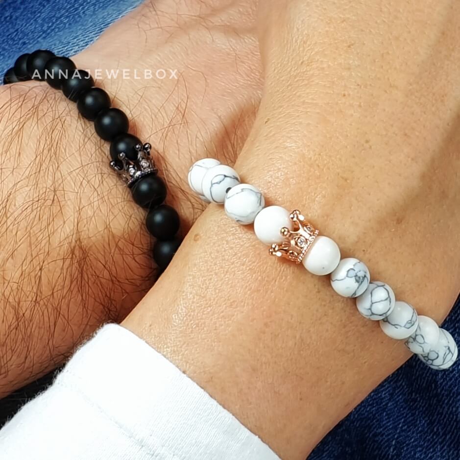 Personalised His and Hers Matching Couple's Bracelet Set Black and White