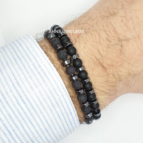 Image of Hematite and Lava Stretch Twin Bracelets Set for Men - AnnaJewelBox