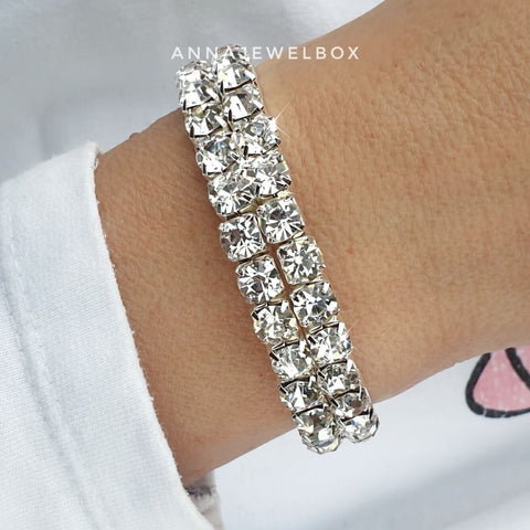 Image of Statement 2 Rows Silver Crystal Flexible Tennis Bracelet - AnnaJewelBox