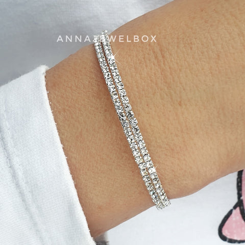Image of Elegant 2 Rows Silver Crystal Flexible Tennis Bracelet - AnnaJewelBox
