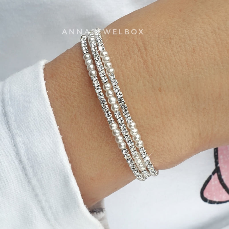 Elegant 3 Rows Pearls and Silver Crystal Flexible Tennis Bracelet - AnnaJewelBox