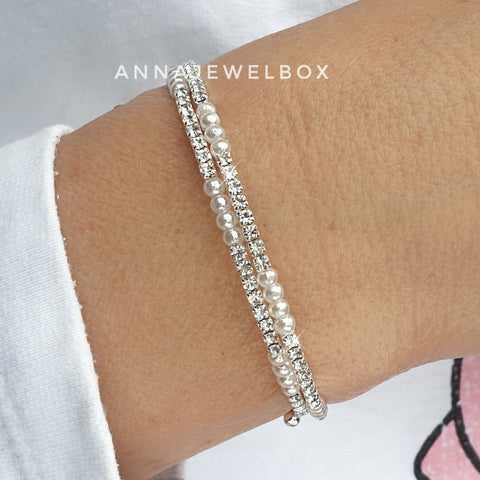 Elegant 3 Rows Pearls and Silver Crystal Flexible Tennis Bracelet - AnnaJewelBox