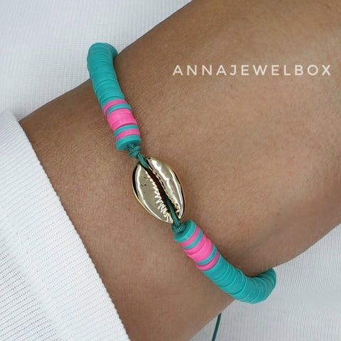 Summer Colours Gold Cowrie Shell Beach Bracelet Set - AnnaJewelBox
